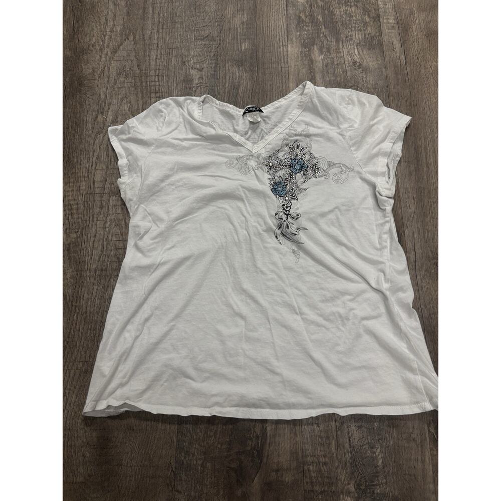 Cotty On Y2K Rhinestone Cross Graphic V-Neck Tee